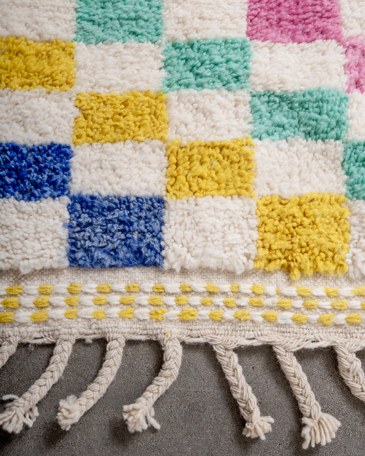 Modern, designer, handcrafted Berber rug from Morocco. Beniourain carpet with beautiful colours and patterns and fluffy wool texture.